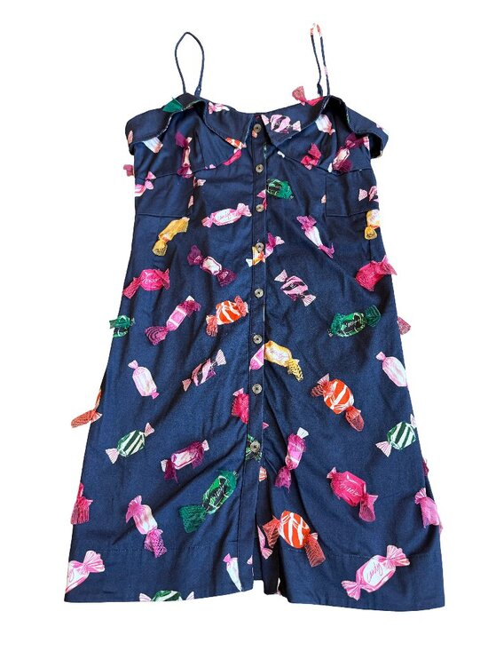Maeve Dresses & Skirts - Maeve Navy Candy Print Ruffle Button Front Dress Stretchy Size 8 Women's